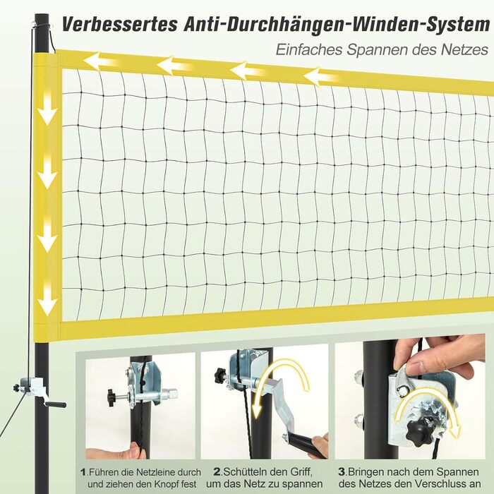 Волейбольна сітка COSTWAY Outdoor, 9,5 x 1 м, регульована висота, з підставкою, насос, молоток та сумка, для саду, пляжу, двору (жовта)