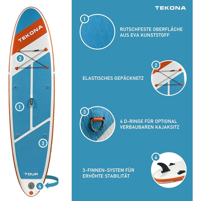 Надувна SUP-дошка TEKONA 300 см комплект: рюкзак, помпа, весло, 3 плавці, кріплення для каяка, різні моделі та кольори