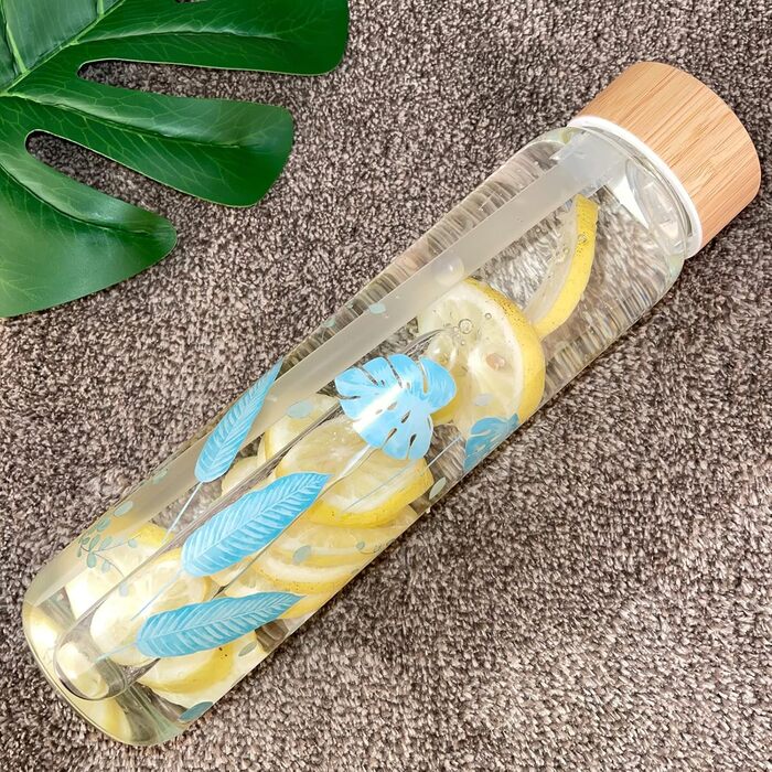 Скляна пляшка для води Ferexer 1 л з бамбуковою кришкою та трубочкою, сині листя, 1000 мл