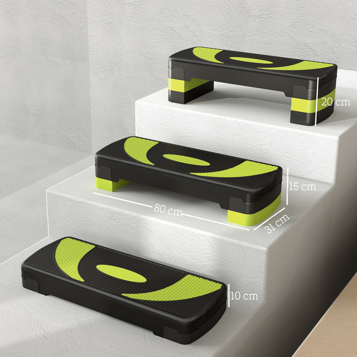 Степ-платформа для аеробіки, регульована по висоті, для занять в приміщенні та на вулиці, з максимальною вантажопідйомністю до 150 кг, розміри 80 x 31 x 10-20 см, колір: зелений