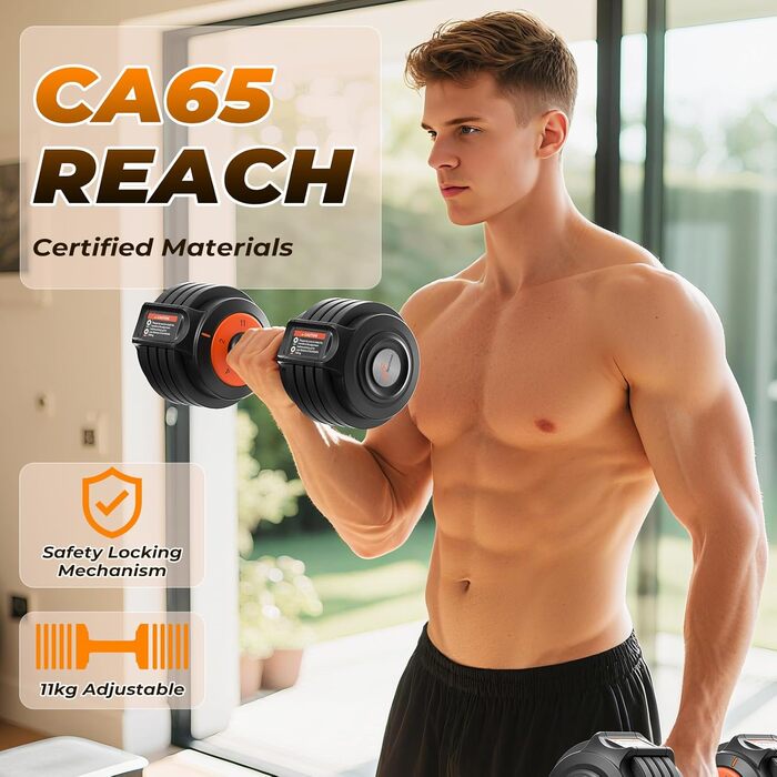 Sportneer Регульовані гантелі 2 шт. - набір, 5-в-1 (2/4/6.5/9/11 кг), обладнання для фітнесу вдома з антиковзним покриттям, набір регульованих гантелей для чоловіків та жінок 11 кг x2