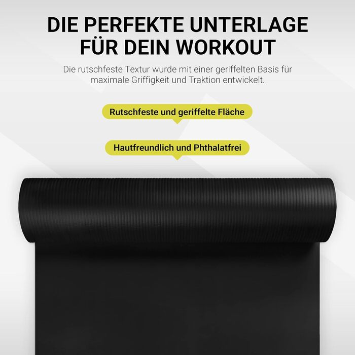 MSPORTS Килимок для гімнастики та йоги Studio 183 x 61 x 1/1.5 см | з постерами та ручками | М'який, без фталатів, чорний