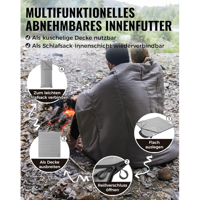 Сплячий мішок KingCamp для дорослих 3-в-1 з бавовняним флісовим підкладкою, зимовий, XXL, легкий, теплий, знімний ковдри, для туризму та відпочинку