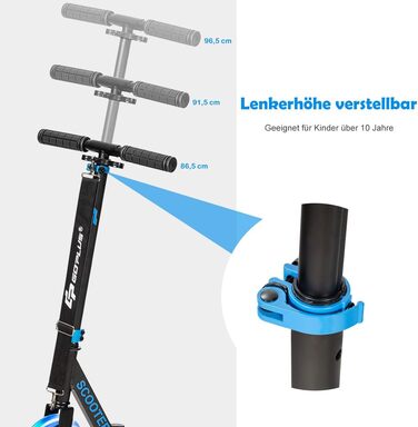 Дитячий трюковий самокат GOPLUS Roller Kinder 10 років, 3-ступенева регулювання висоти, алюмінієвий, складної конструкції, з LED-колесами, гальмом на задньому колесі, ременем та підставкою, до 100 кг (Блакитний)