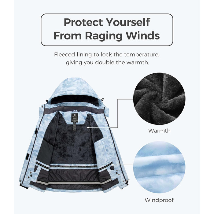 Жіноча куртка Wantdo для гірського туризму та хайкінгу, водонепроникна, з капюшоном, тепла, світло-блакитна