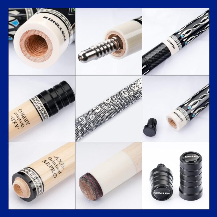 Більярдний кий Konllen з низькою відволікаючою лінією, з подовженням та кейсом (10,5 мм, 11,5 мм, 12,5 мм наконечники Tigerspitze, XTC-чохол, 3/8 x 8 радіальний штифт, довжина 147 см) Dragon-1, EU 12.5mm