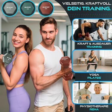 Набір гантелей RE:SPORT® 12 кг з підставкою та фітнес-гумками | 3 пари гантелей 1-5 кг, 12 кг або 18 кг | Нековзкі гантелі з неопрену для жінок та чоловіків | Кольори: бірюзовий/сірий/темно-синій