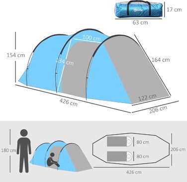 Тунельне намет Outsunny для кемпінгу на 2-3 особи, 426x206x154 см, блакитний
