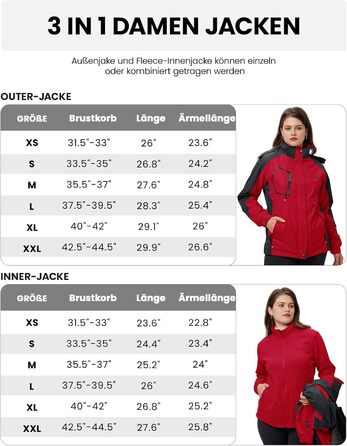 Жіноча куртка 3-в-1 для активного відпочинку: вітро- та вологозахисна з флісовою підкладкою, з капюшоном (Червоний, XXL)