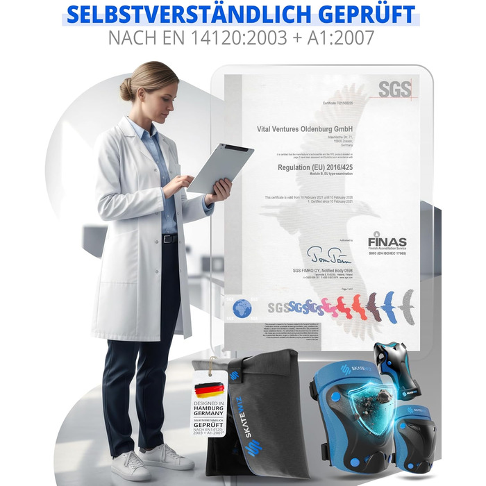 Набір захисту SKATEWIZ 6 шт. для дітей та дорослих: наколінники, налокітники, захист зап'ястя. З сумкою. Protect-1, колір блакитний, розмір XS.