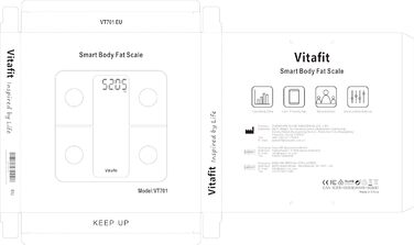 Ваги для аналізу складу тіла Vitafit з Bluetooth, до 180 кг, вимірювання жиру, м'язової маси, ІМТ, білка, BMR, чорні, з додатком