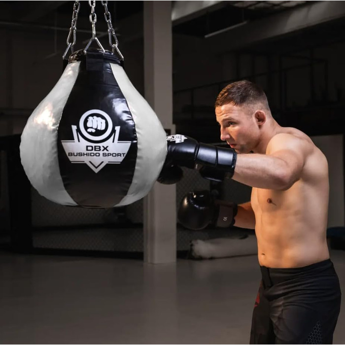 Підвісна боксерська груша DBX Bushido 15 кг з гумовою крихтою, чорна/біла, для дорослих, з ланцюгами – Боксерський мішок, пунчбол, обладнання для боксу