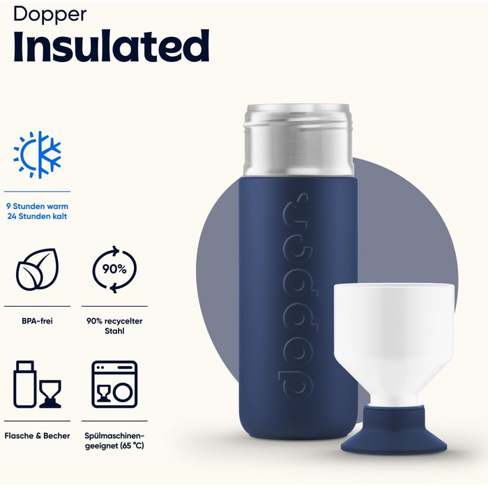 Індивідуальна термобутилка Dopper Insulated 580 мл, нержавіюча сталь, двостінна, термочашка для кави і чаю, герметична, тримає 24 год холод, 9 годин тепло, Breaker Blue