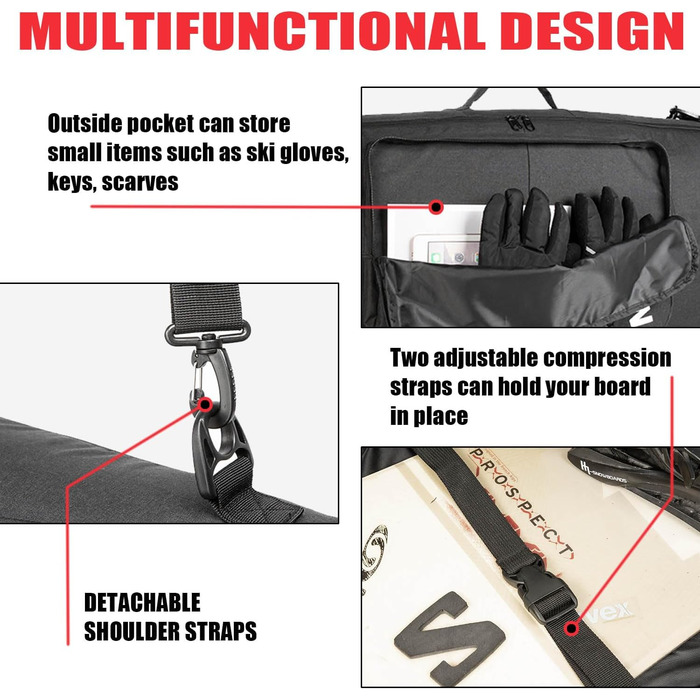 Чохол для сноуборду MERALIAN для подорожей літаком, з підкладкою для борду, черевиків, одягу, шолома та спорядження, доступний у розмірах 155 см та 165 см (Чорний/Чорний, 155CM)
