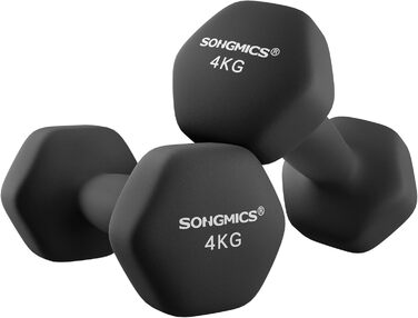 Гантелі SONGMICS 2 шт. по 4 кг, шестигранні, неопрена, для силових тренувань вдома, чорні