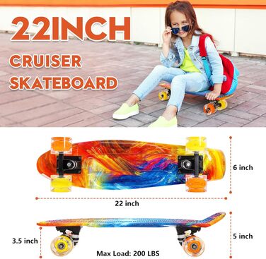 Скейтборд CLYCTIP Mini Cruiser 22 дюйми з підсвічуванням та ABEC-11 підшипниками для дітей та початківців (різнокольоровий)