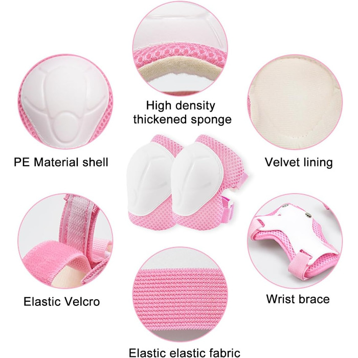 Набір наколінників Kinder 6 в 1: захист для колін, ліктів та зап'ясть. Підходить для скейтбордингу, інлайнів, Hoverboard, велосипеда (Рожевий, Білий)