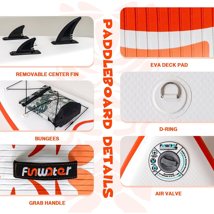 Надувний SUP (Stand Up Paddle Board) FunWater 10'6' & 11'6' з аксесуарами: весло, насос, рюкзак, плавники. Підходить для будь-якого рівня підготовки. Кольори: рожевий (10'6-TIKI ROSA), помаранчевий (10'6-TIKI ORANGE)