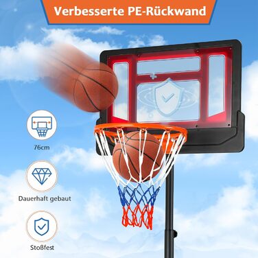 Баскетбольний кошик GOPLUS для дітей та підлітків, регульована висота 90-210см, портативний стійкий баскетбольний стенд з колесами та щитом 76x50см (Червоний)