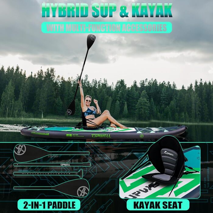 SUP дошка Upwell 350x89 см з сидінням, надувна для дорослих та підлітків, комплект (рюкзак, весло, ліш, помпа, плавники) Chipmech Green
