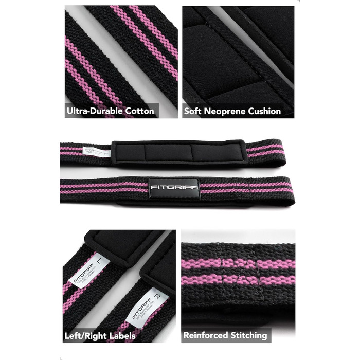 Фітнес-манжети для тяги штанги Fitgriff® - гумові, для силових тренувань, бодібілдингу, жінок та чоловіків (XS, чорний/рожевий)