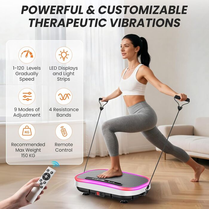 Вібраційна платформа для схуднення з еластичними гумками, 9 режимів, 120 рівнів інтенсивності, Bluetooth, LED-дисплей, місткість 150 кг, білий