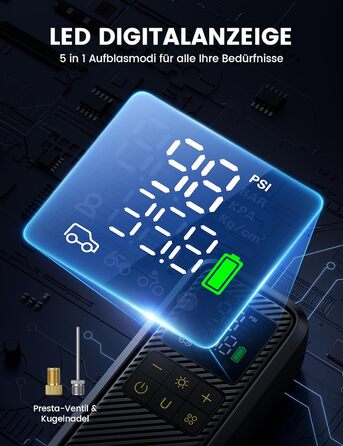 Електричний насос Lamicall для велосипедів, авто, мотоциклів та м'ячів з LED-підсвічуванням - 150 PSI, 5x швидше