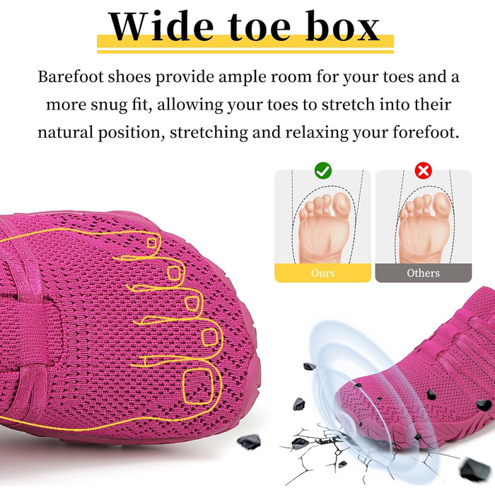 Босижні кросівки для жінок та чоловіків. Широкі босижні кросівки для бігу, трейлраннінгу, фітнесу. Zero-Drop підошва, кросівки з широкою передньою частиною. Легкі, дихаючі, комфортні, антиковзкі. Розміри 36-46 EU (36 EU, Рожево-червоний)