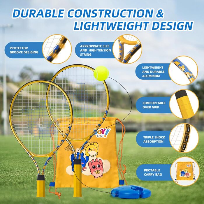 Набір для гри в теніс JOY SPOT: 2 ракетки, м'яч для відбивання, тенісні м'ячі зі шнуром та сумка для початківців, дітей та дорослих, тренувальний інвентар для ігор на вулиці та в саду