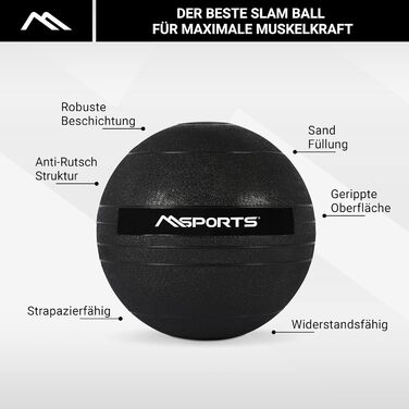 MSPORTS Slam Ball Premium, медичний м'яч 5 кг, чорний, для фітнесу, кросфіту, силових тренувань