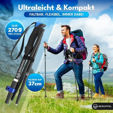 Тeleskopні трекінгові палиці Bergipfel | Ultraleicht 270g | Складаються до 37 см | Регулюються 115–130 см | Алюмінієві палиці для ходьби з аксесуарами для будь-якої місцевості та сумкою | Для жінок, чоловіків, підлітків