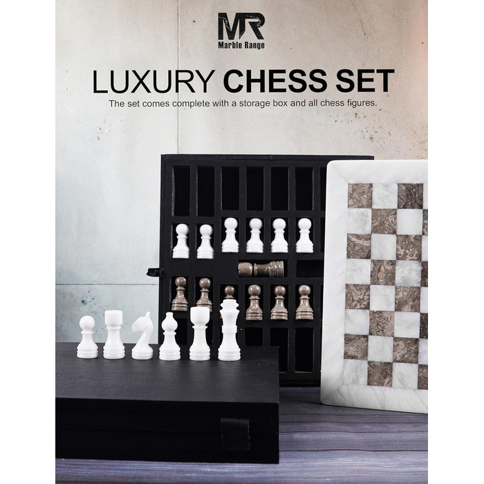 Шаховий набір з мармуру для дорослих, ручної роботи, 32 фігури, 2 додаткові королеви, коробка для зберігання, подарунок, декор (Кораловий & Темно-коричневий) (Білий & Океанічний)