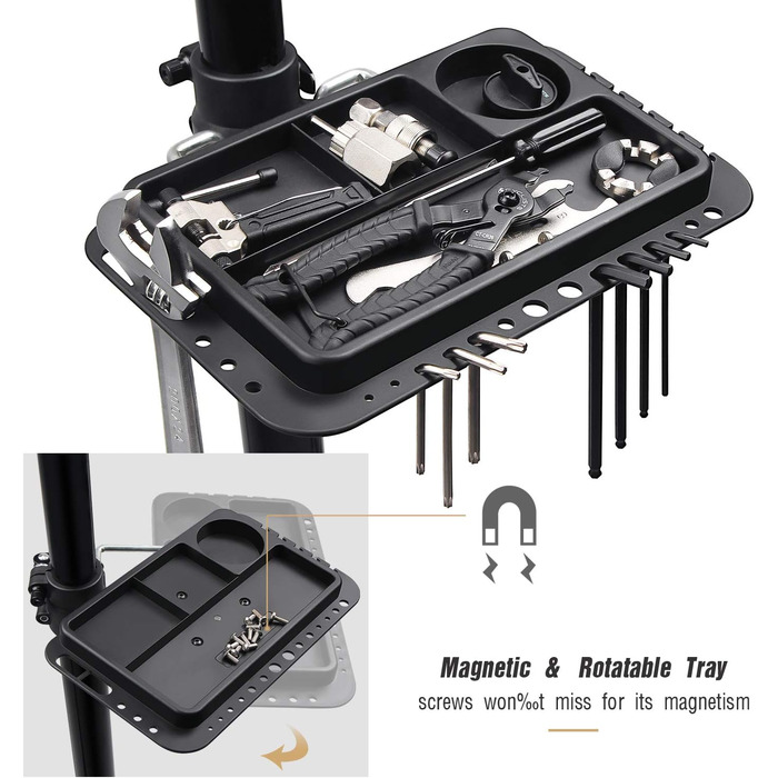 Підставка для збирання велосипеда CXWXC - професійна, з підсікачем для інструментів та магнітним відсіком, поворотна та складна, до 30 кг, чорна
