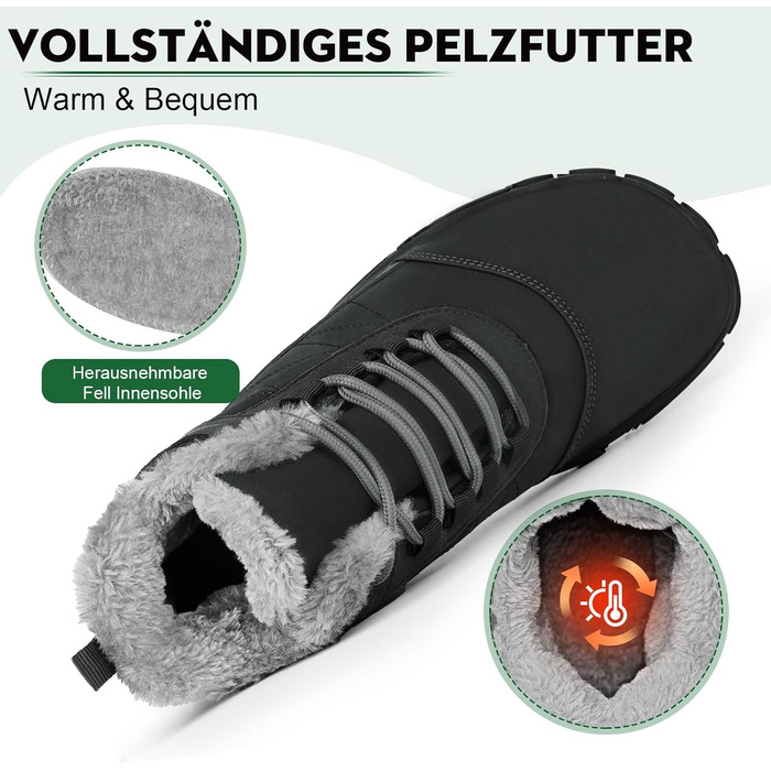 Черевики для трейлраннінгу Ruyi Barfußschuhe Winter Warm - теплий зимовий варіант для жінок та чоловіків, водонепроникні, з неслизькою підошвою та широкою передньою частиною (W09 Темно-сірий, 44 EU)