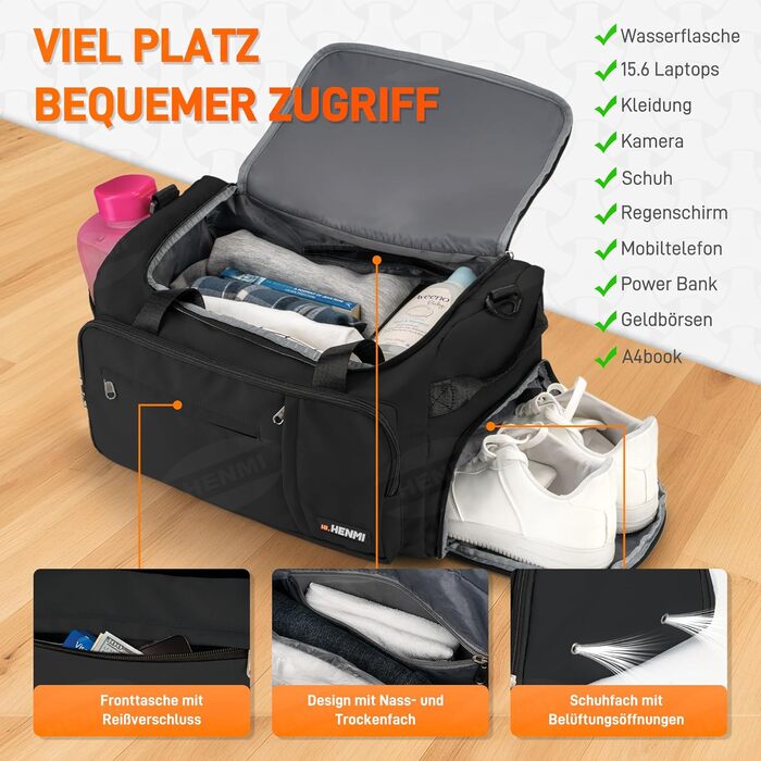 Спортивна сумка HENMI для залу та подорожей, 43 л, з відділенням для взуття та вологих речей, складана сумка для тренувань (Чорна)