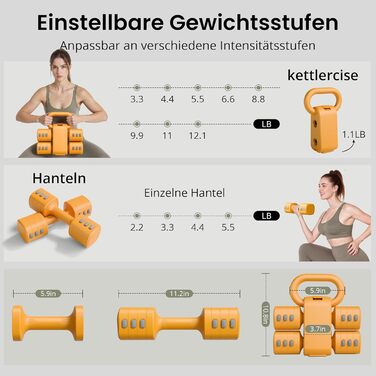 Регульований гантельний набір 2-в-1 для жінок – 4 рівні ваги (1-5.5 кг) – обладнання для фітнесу вдома, зелені гантелі (оранжевий)