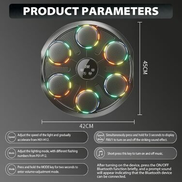 Музична боксерська машина Kensbro з LED-підсвіткою, Bluetooth, 12 швидкостей та режимів, для дорослих та дітей
