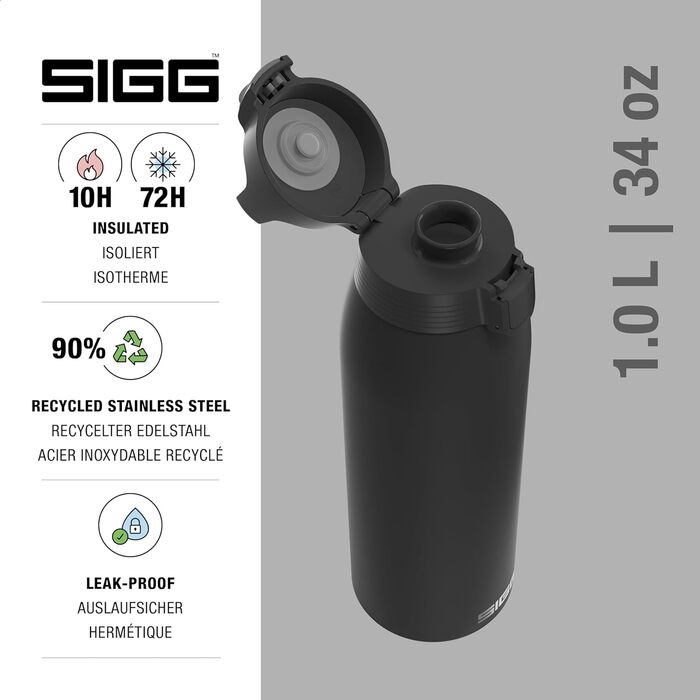 Термос SIGG Shield Therm One 1 л, чорний, для газованих напоїв, ізольована пляшка з нержавіючої сталі, не протікає, підходить для посудомийки, BPA-free, 90% перероблений метал