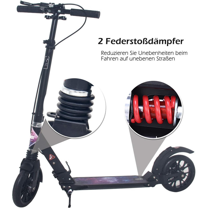 Скутер ISE Roller 200mm з великим колесом, подвійним гальмом та амортизацією. Розкладний міський скутер для дорослих та дітей, регульована висота до 100 кг, з ремінним ременем та ручним гальмом (дизайн 'Зоряне небо')