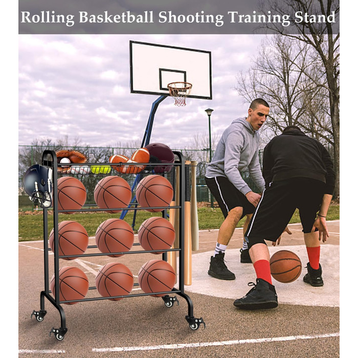 Стійка для м'ячів на колесах, 4-ярусна: баскетбол, футбол, волейбол, чорна