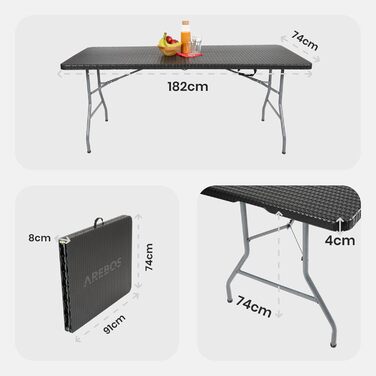 Складаний садовий стіл Arebos Buffettisch 182x74x74 см - чорний | для 8 осіб | з ручкою для перенесення