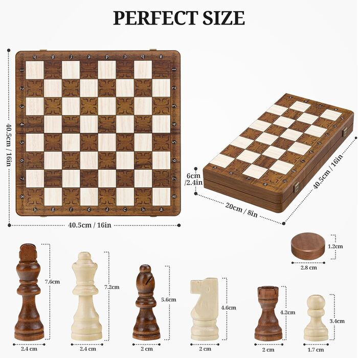 Шахи магнітні 2в1 - 39x39 см, складане шахове поле з дерева, преміум-якість, 32 фігури + 2 дами, для дорослих та дітей