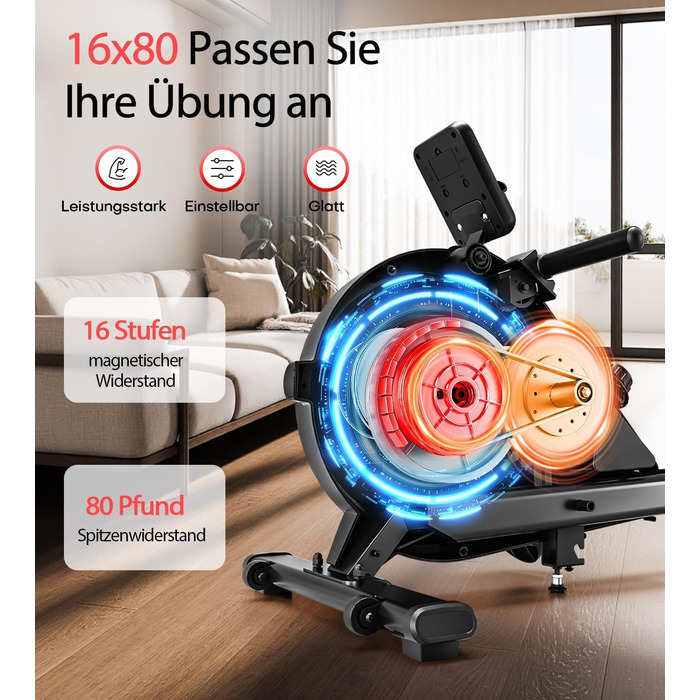 Гребний тренажер для дому з регулюванням опору 16/32 рівні, тихий магнітний, з LCD-дисплеєм, до 180 кг, чорний+червоний