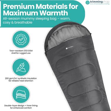 Спальний мішок Mumienschlafsack для дорослих - легкий, компактний, водонепроникний, з капюшоном, 220x85 см - теплий, пральний, для кемпінгу, піших прогулянок, подорожей (сірий)