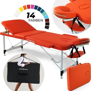 Мобільний масажний стіл Vendomnia з алюмінієвим каркасом, 3 зони, регулювання висоти, з високоякісною підголівником та сумкою, підлокітники, складний, помаранчевий колір