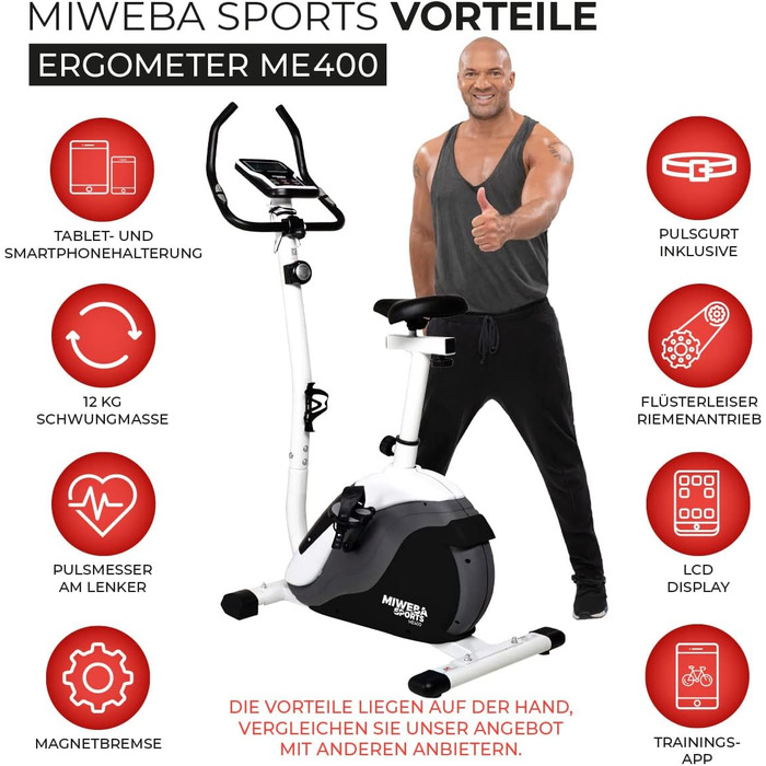 Велотренажер Miweba Sports ME400 з магнітним опором, 12 кг маховик, до 150 кг, LCD-дисплей, керування через додаток, пульсометр, для дому, чорний/білий