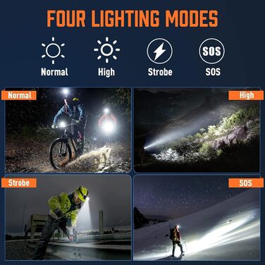 Ліхтар на лоб MIAOKE, USB-перезарядний LED-ліхтар 100000 люмен, надзвичайно яскравий, IPX5 водонепроникний, 4 режими, індикатор заряду та сигнальний світлодіод для дорослих, бігу, активного відпочинку, кемпінгу, риболовлі/полювання, помаранчевий