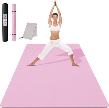 Килимок для йоги CAMBIVO XXL 183x122x0,6 см, товстий, нековзкий, TPE, з рушником, для фітнесу, пілатесу, тренувань, рожево-сірий