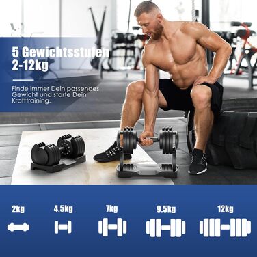 DH FitLife Регульовані гантелі 2 x 12 кг, 5 рівнів ваги, компактний набір для фітнесу