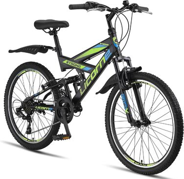 Гірський велосипед Licorne Bike PREMIUM Strong V 24 дюйми, 21 швидкість, повна амортизація, чорний/синій/лайм, для хлопців, дівчат, жінок і чоловіків
